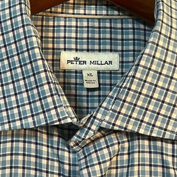 Peter Millar Button Down Shirt XL Blue Plaid Comfort Lightweight Office Cotton - Picture 2 of 9